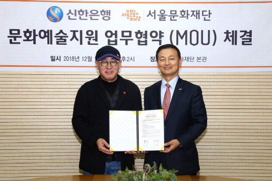 서울 동대문구 소재 서울문화재단에서 진행된 '문화예술지원 협약식'을 마치고 김성우 신한은행 부행장(오른쪽)과 김종휘 서울문화재단 대표이사가 기념사진을 찍고 있다. 신한은행 제공
